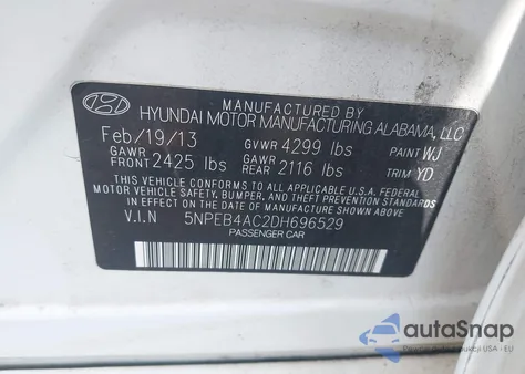2013 Hyundai Sonata Gls from USA, damaged, VIN 5NPEB4AC2DH696529